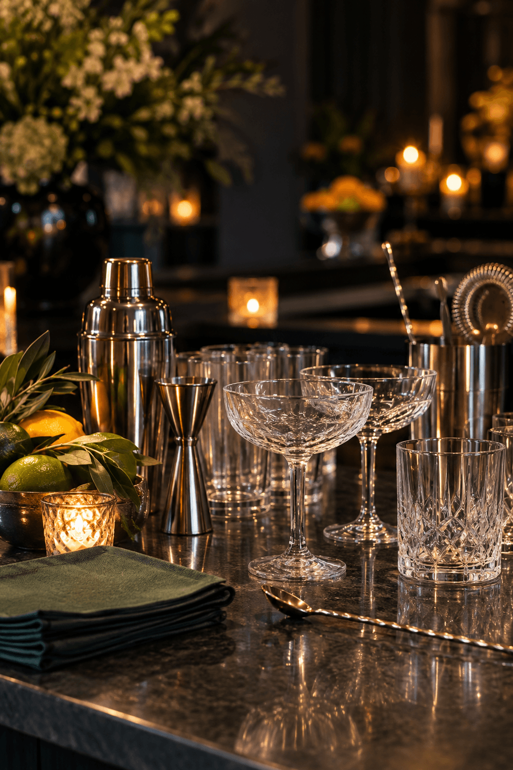 Neatly prepared glassware and bar tools